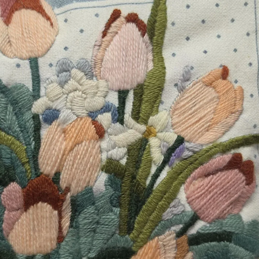Vintage 70s Crewel Embroidery Colorful Tulips Decorative Pillow 13” x 13” Boho